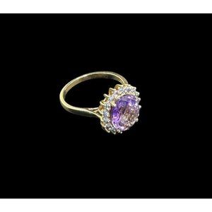 10k FP Ring Yellow Gold Oval Cut Amethyst Blue Topaz Halo Band Size 10 Signed